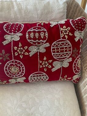 Vintage Elegant Red Velvet Hand Beaded Pillow